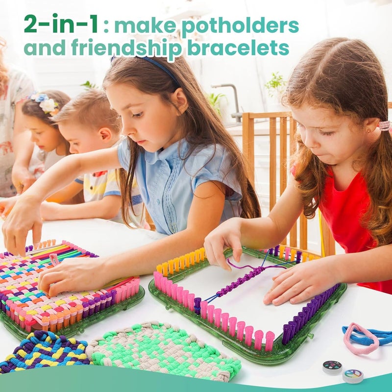 FUNiOi Weaving Loom Kit Toys for Kids, DIY Crafts Projects of 6 Potholders and 10 Friendship Bracelets, 2-in-1 Square Buildable Loom Knitting Kits, Gift Ideas for Girls 6-12 Years Old - Image 2